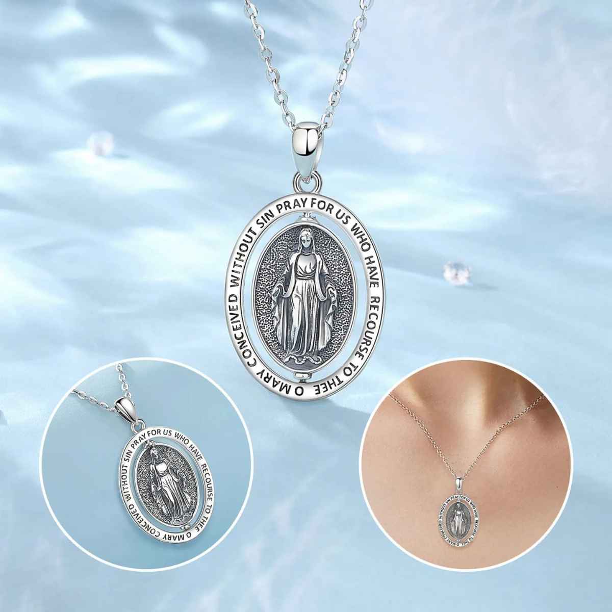 Silver Virgin Mary Necklace with Inscription Details Xenos Jewelry