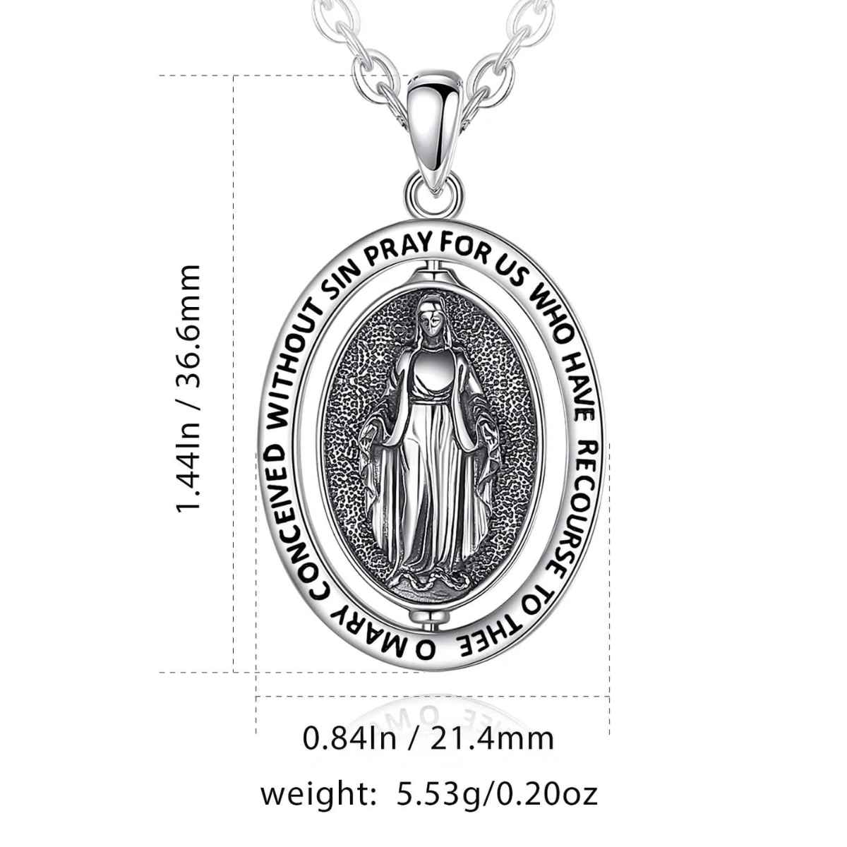 Silver Virgin Mary Necklace with Inscription Dimensions and Weight Xenos Jewelry