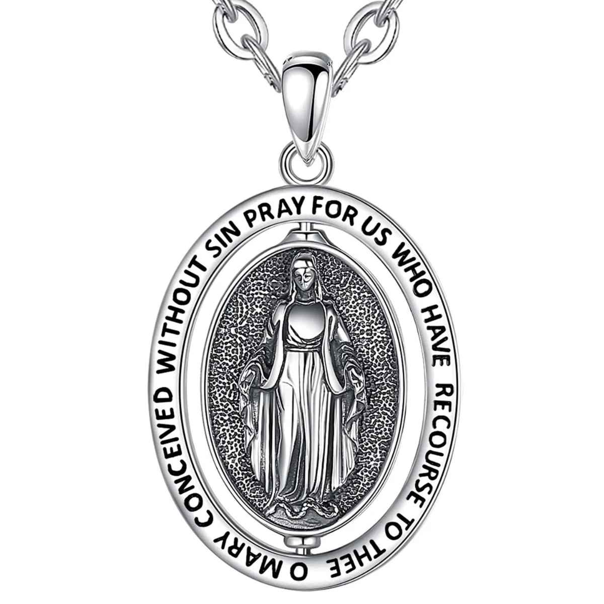 Silver Virgin Mary Necklace with Inscription with 18 inch Chain Xenos Jewelry