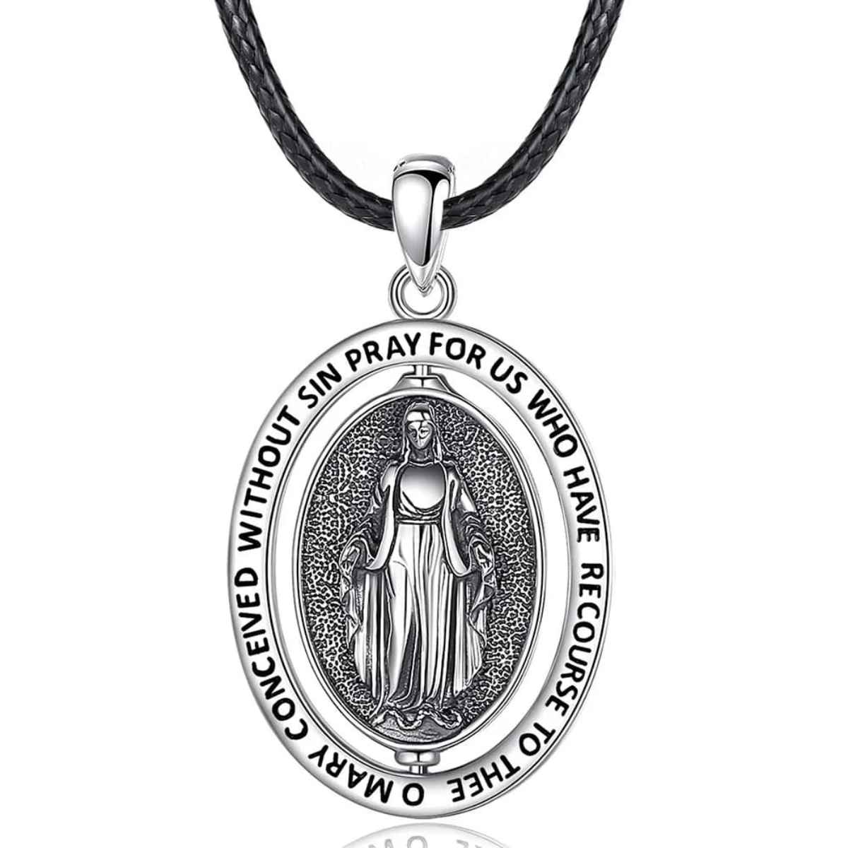 Silver Virgin Mary Necklace with Inscription with 24 inch Rope Xenos Jewelry