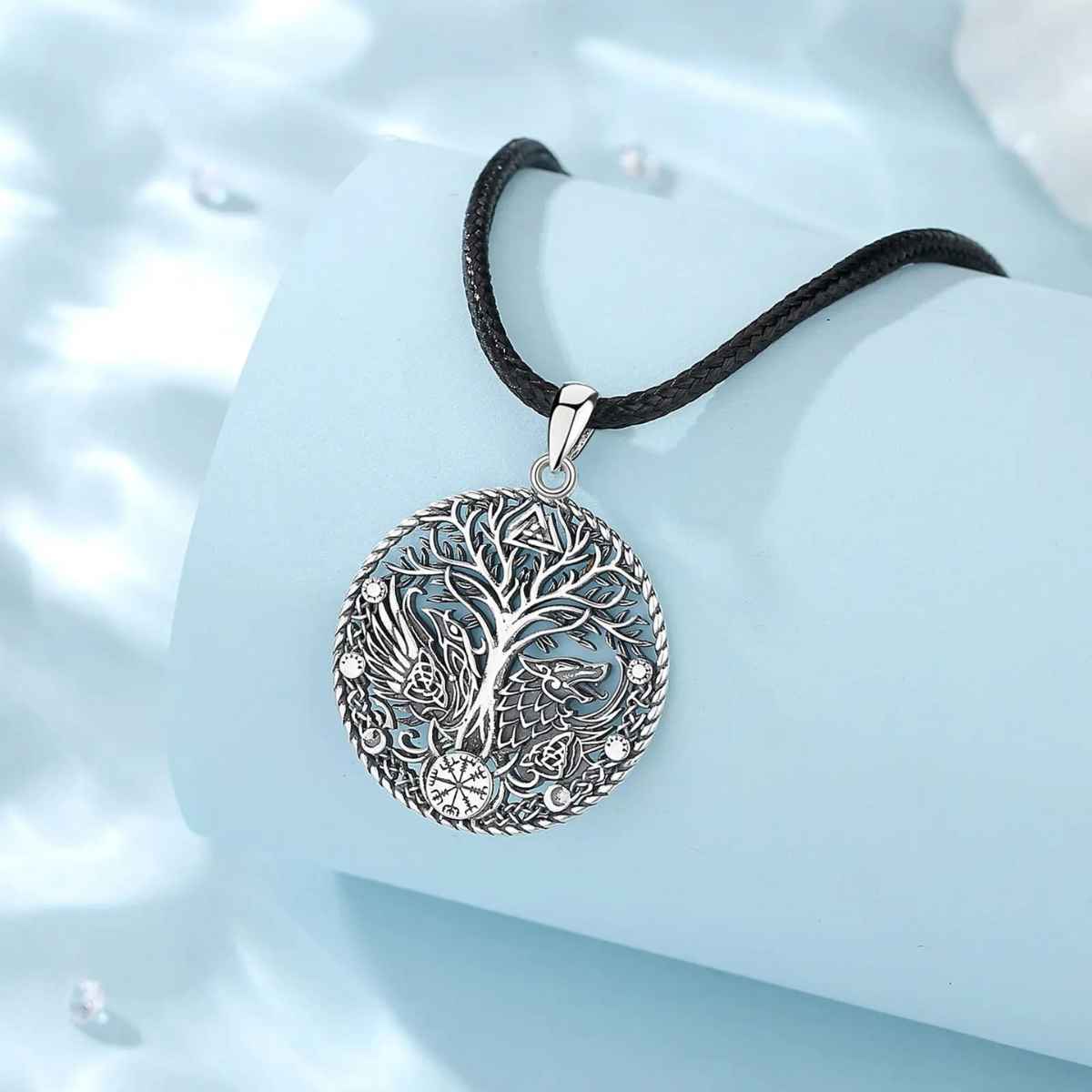 Silver Yggdrasil Necklace with Runes and Wolf Details Xenos Jewelry