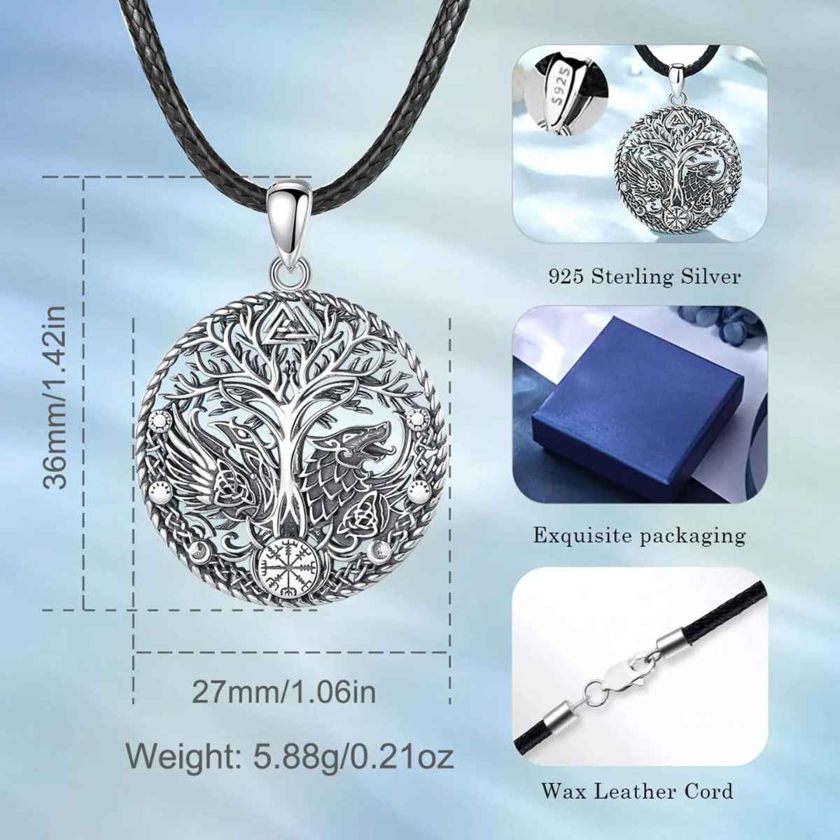 Silver Yggdrasil Necklace with Runes and Wolf Dimensions and Weight Xenos Jewelry