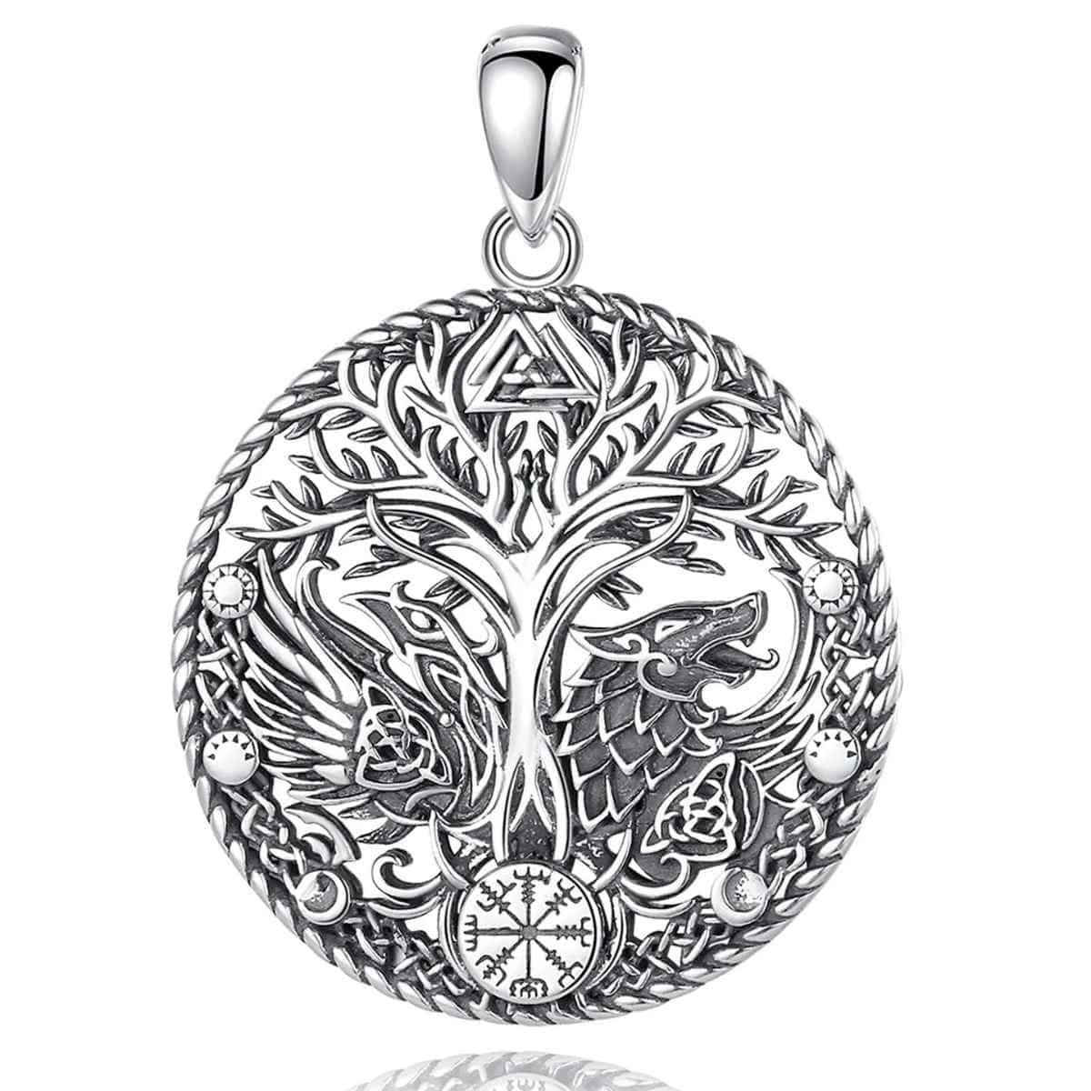 Silver Yggdrasil Necklace with Runes and Wolf Pendant Only Xenos Jewelry