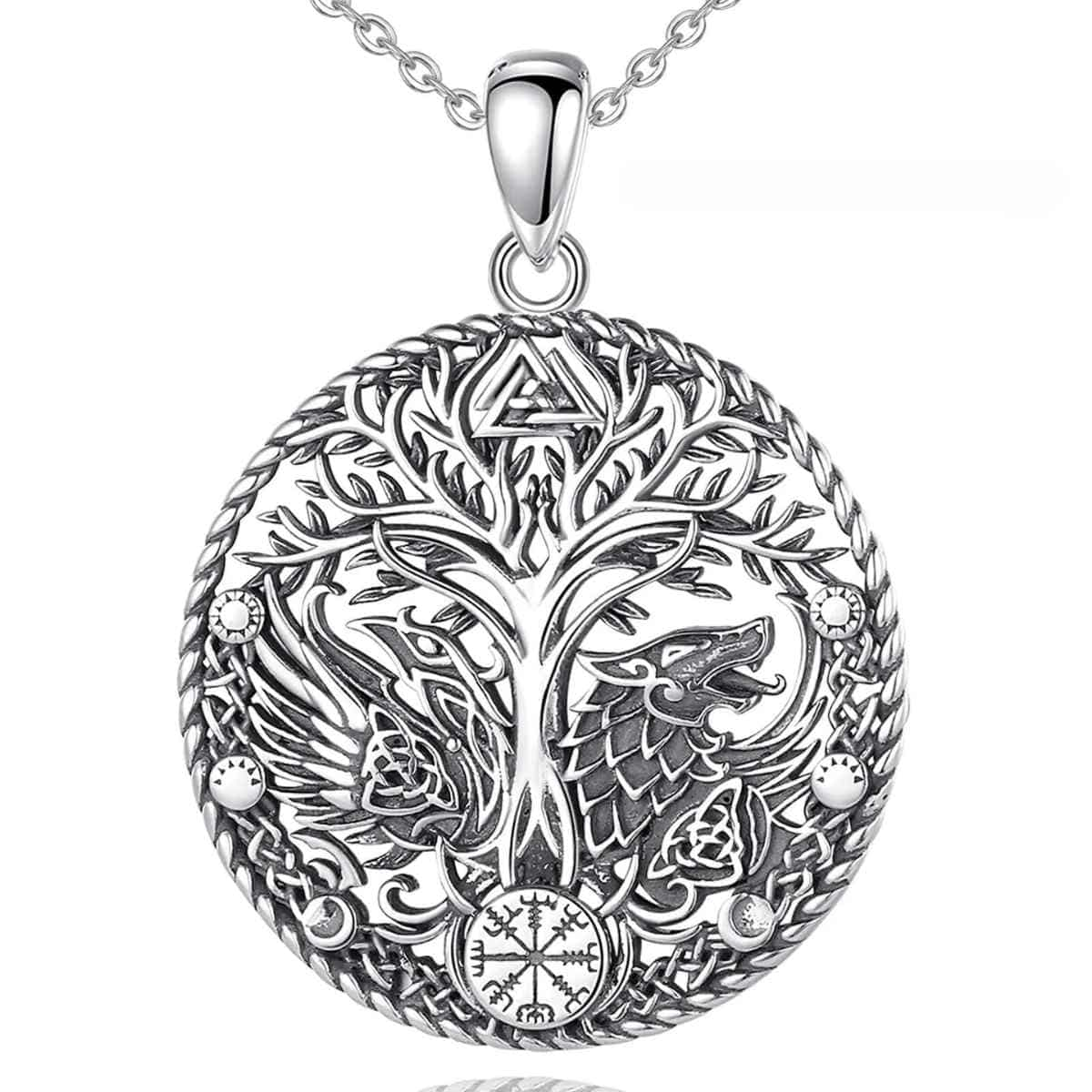 Silver Yggdrasil Necklace with Runes and Wolf with 18 inch Chain Xenos Jewelry