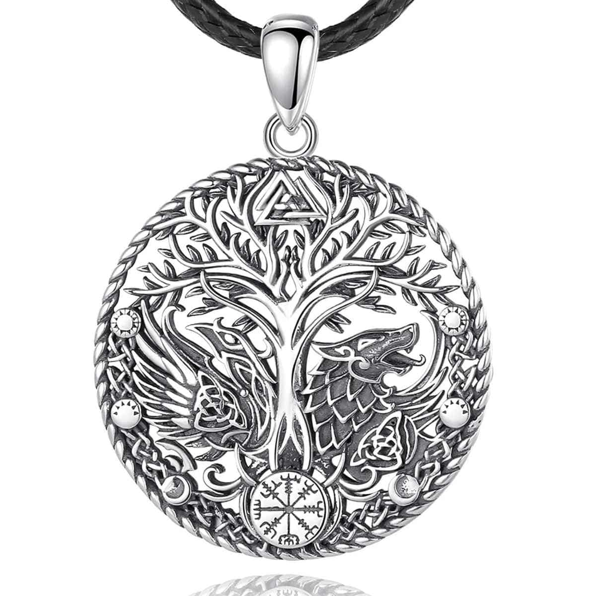 Silver Yggdrasil Necklace with Runes and Wolf with 24 inch Rope Xenos Jewelry