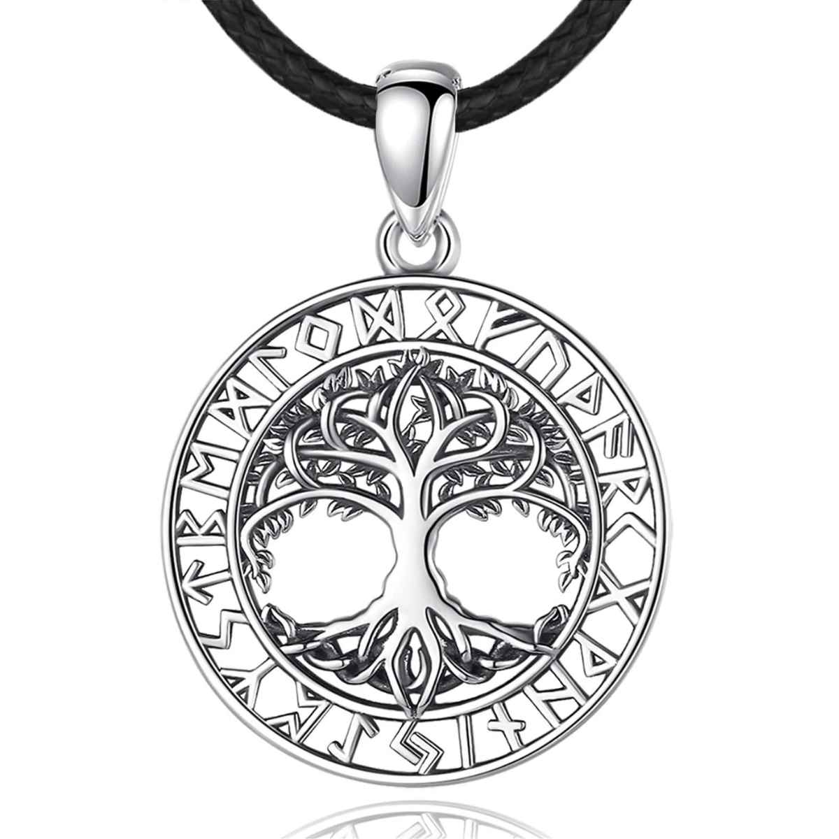 Silver Yggdrasil Necklace with Runes with 24 inch Rope Xenos Jewelry