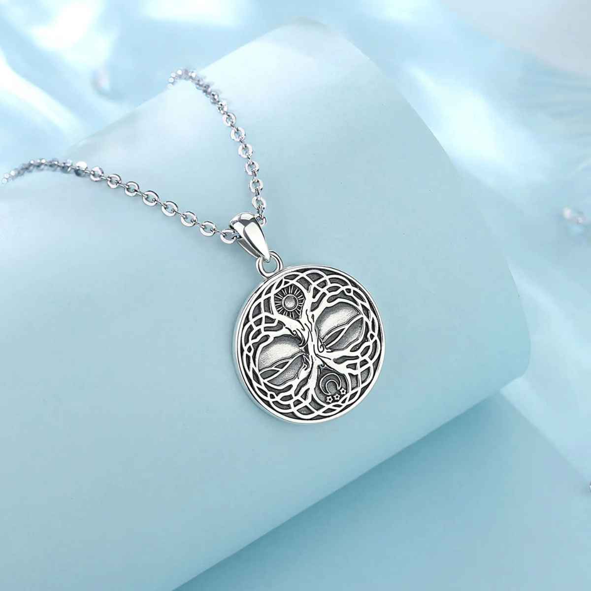 Silver Yggdrasil Pendant with Sun and Moon Details Xenos Jewelry