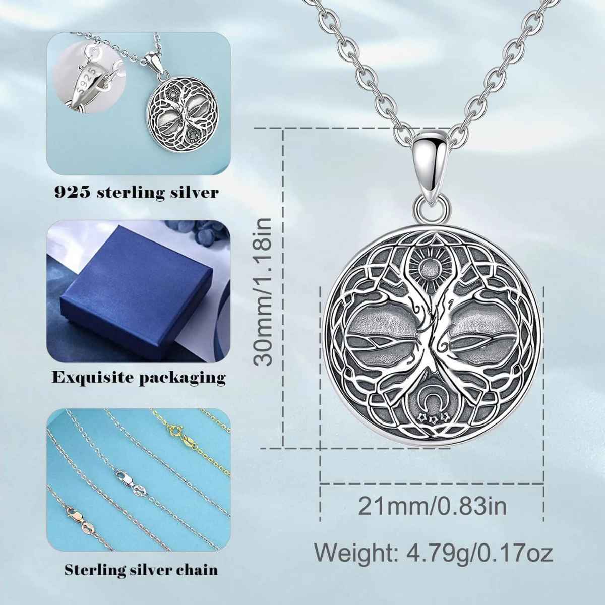 Silver Yggdrasil Pendant with Sun and Moon Dimensions and Weight Xenos Jewelry