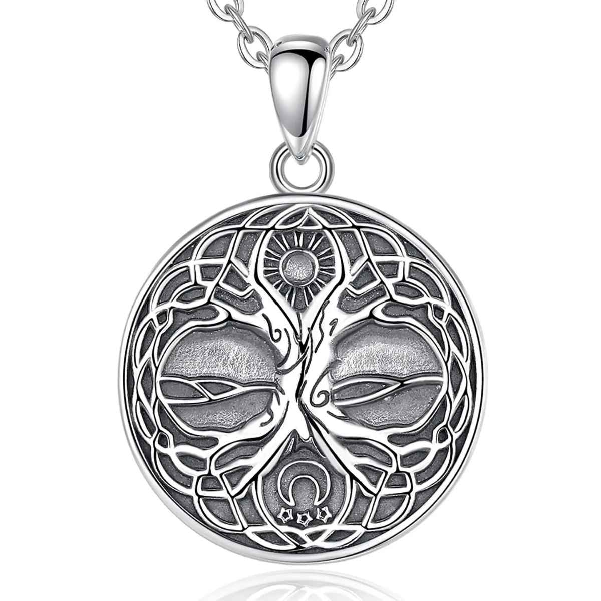 Silver Yggdrasil Pendant with Sun and Moon with 18 inch Chain Xenos Jewelry