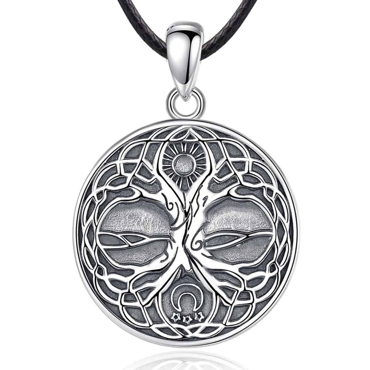 Silver Yggdrasil Pendant with Sun and Moon with 24 inch Rope Xenos Jewelry