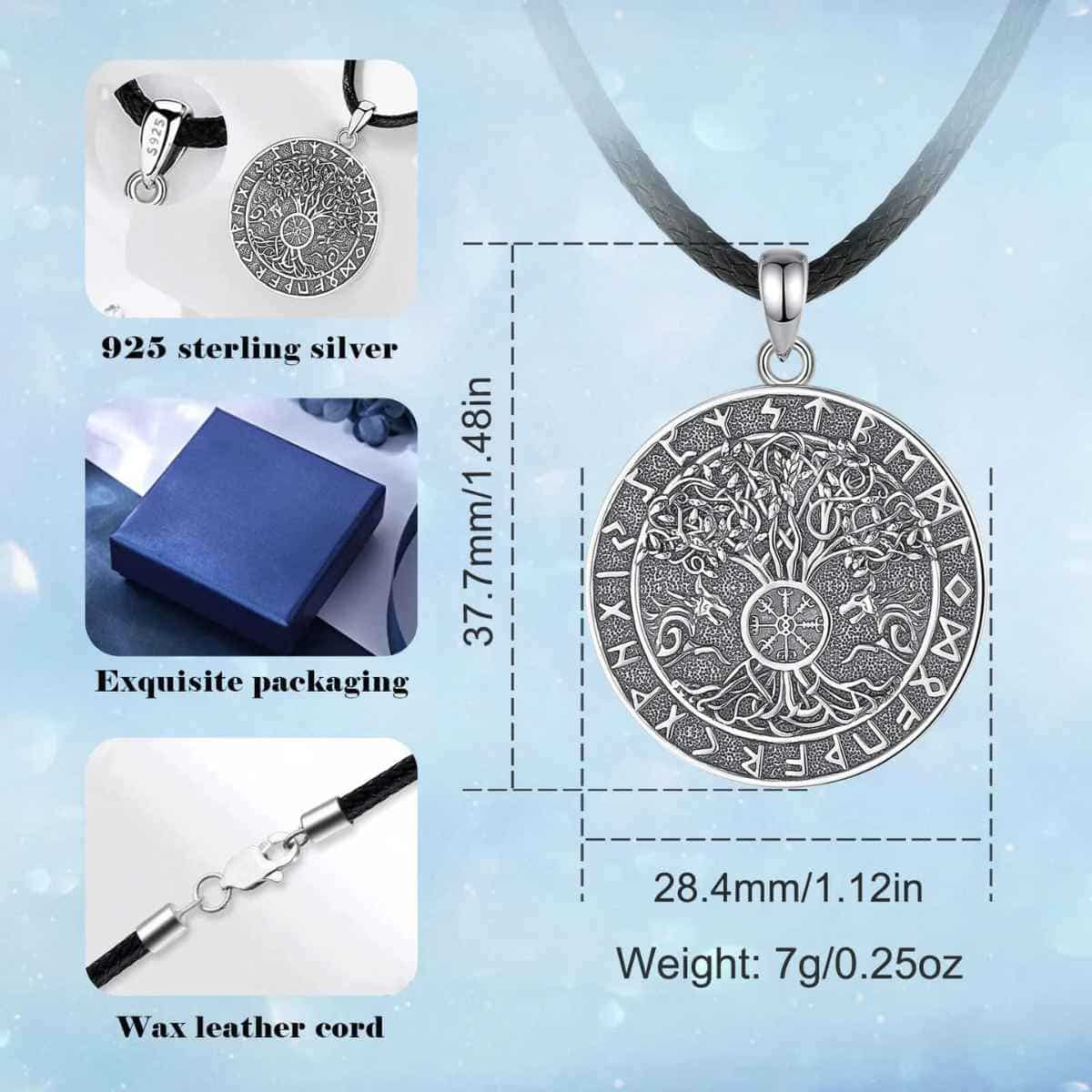 Silver Yggdrasil Pendant with Vegvisir and Runes Dimensions and Weight Xenos Jewelry