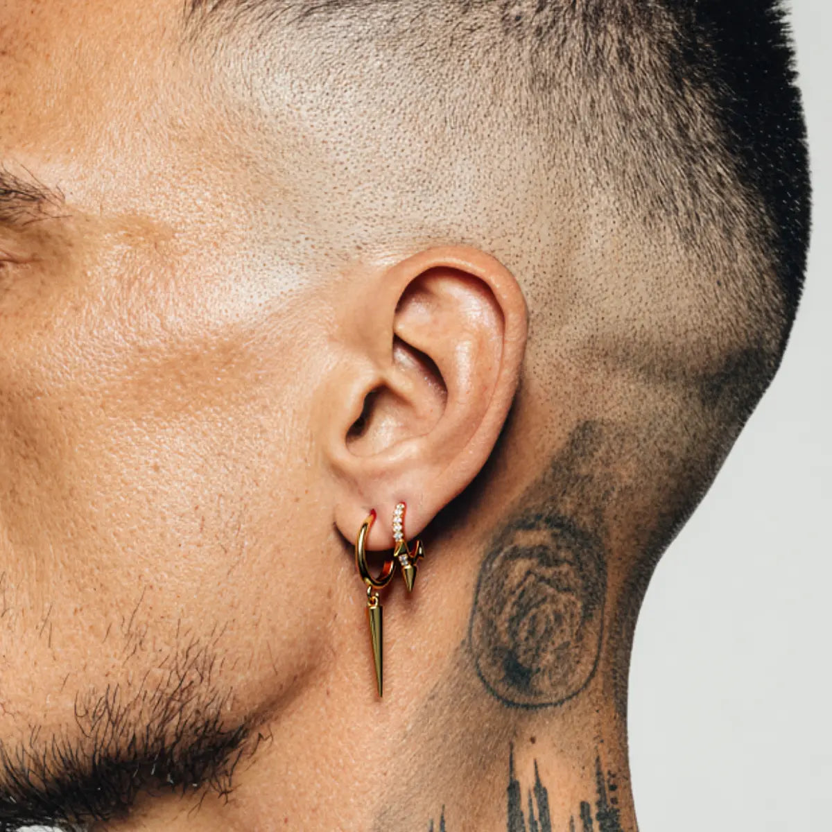 Single Spike Drop Earrings Gold Worn By Male Model