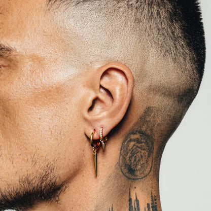 Single Spike Drop Earrings Gold Worn By Male Model