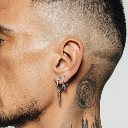 Single Spike Drop Earrings White Gold Worn By Male Model