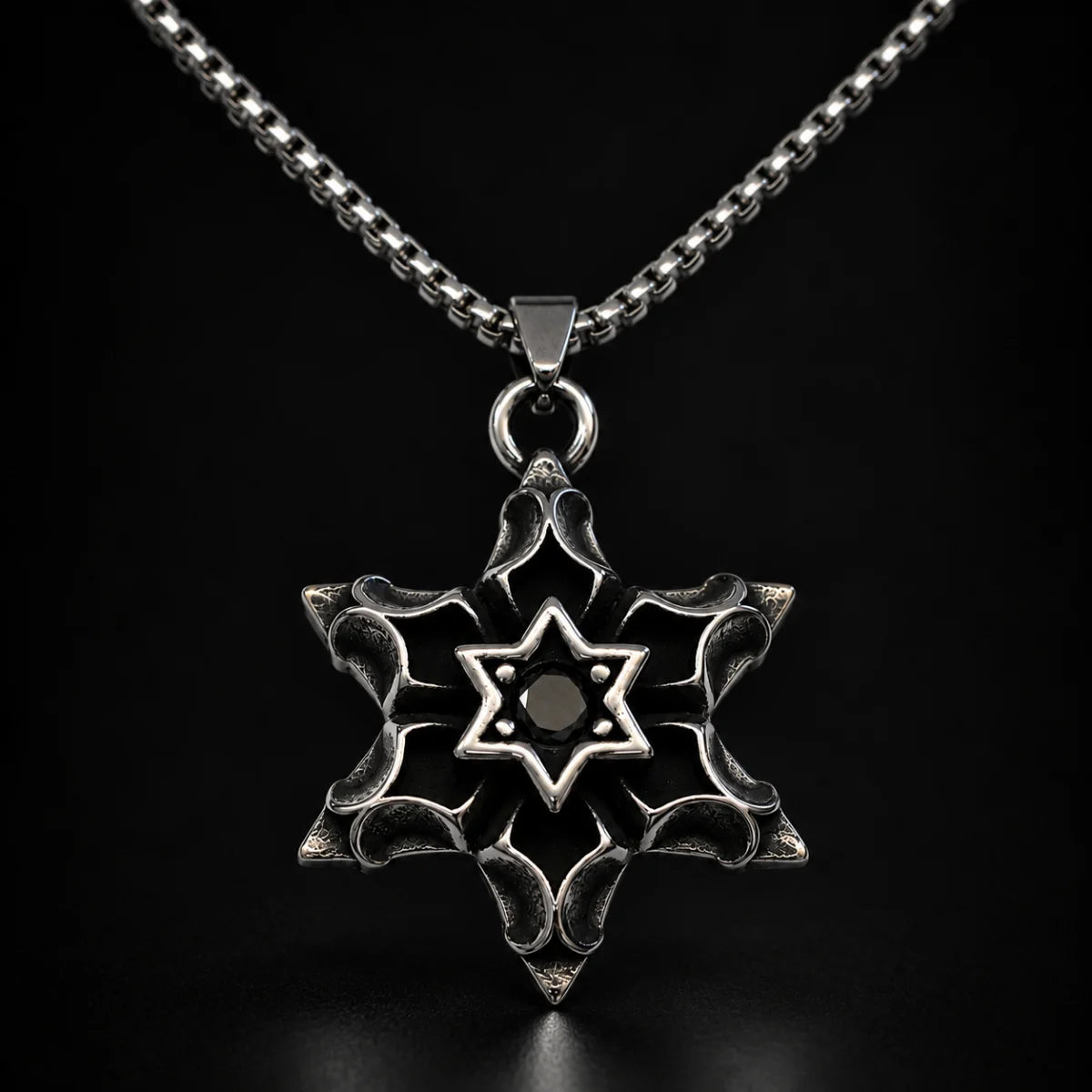 Six Pointed Star Gemstone Pendant Necklace Silver Close Up Black Background