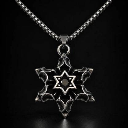 Six Pointed Star Gemstone Pendant Necklace Silver Close Up Black Background