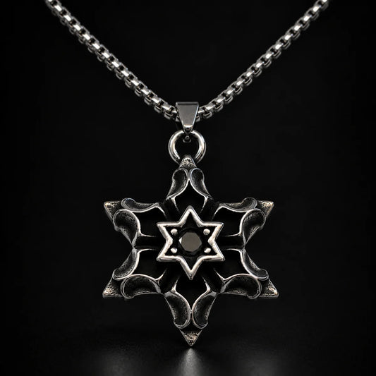 Six Pointed Star Gemstone Pendant Necklace Silver Close Up Black Background