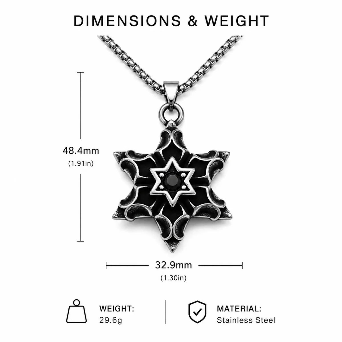Six Pointed Star Gemstone Pendant Necklace Silver Dimension Diagram 48.4mm 1.9in and 32.5mm 1.28in