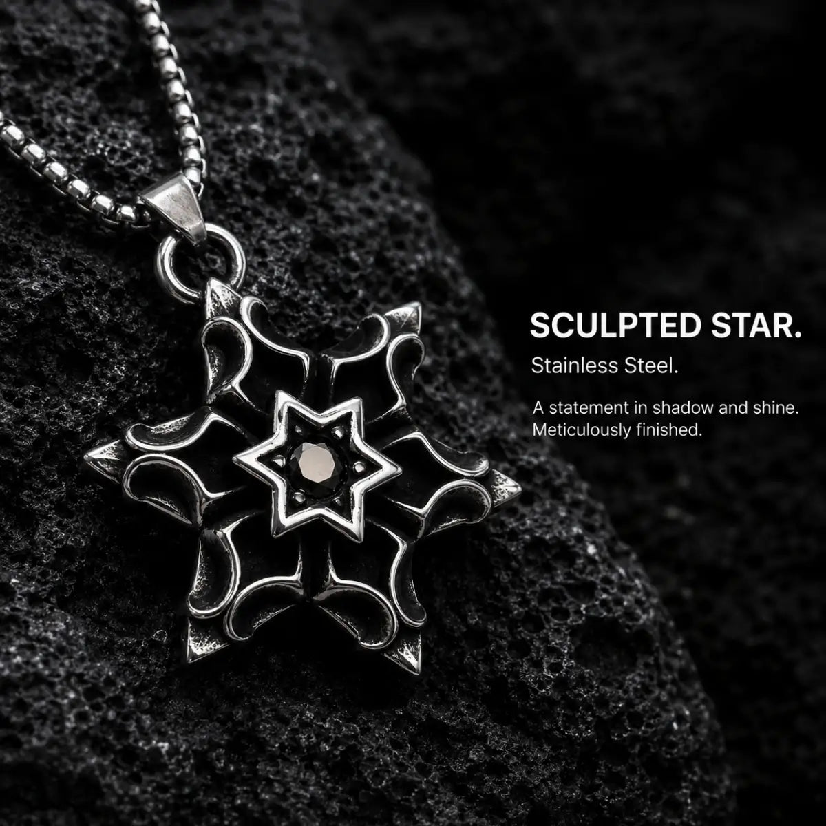 Six Pointed Star Gemstone Pendant Necklace Silver Displayed on Stone Surface