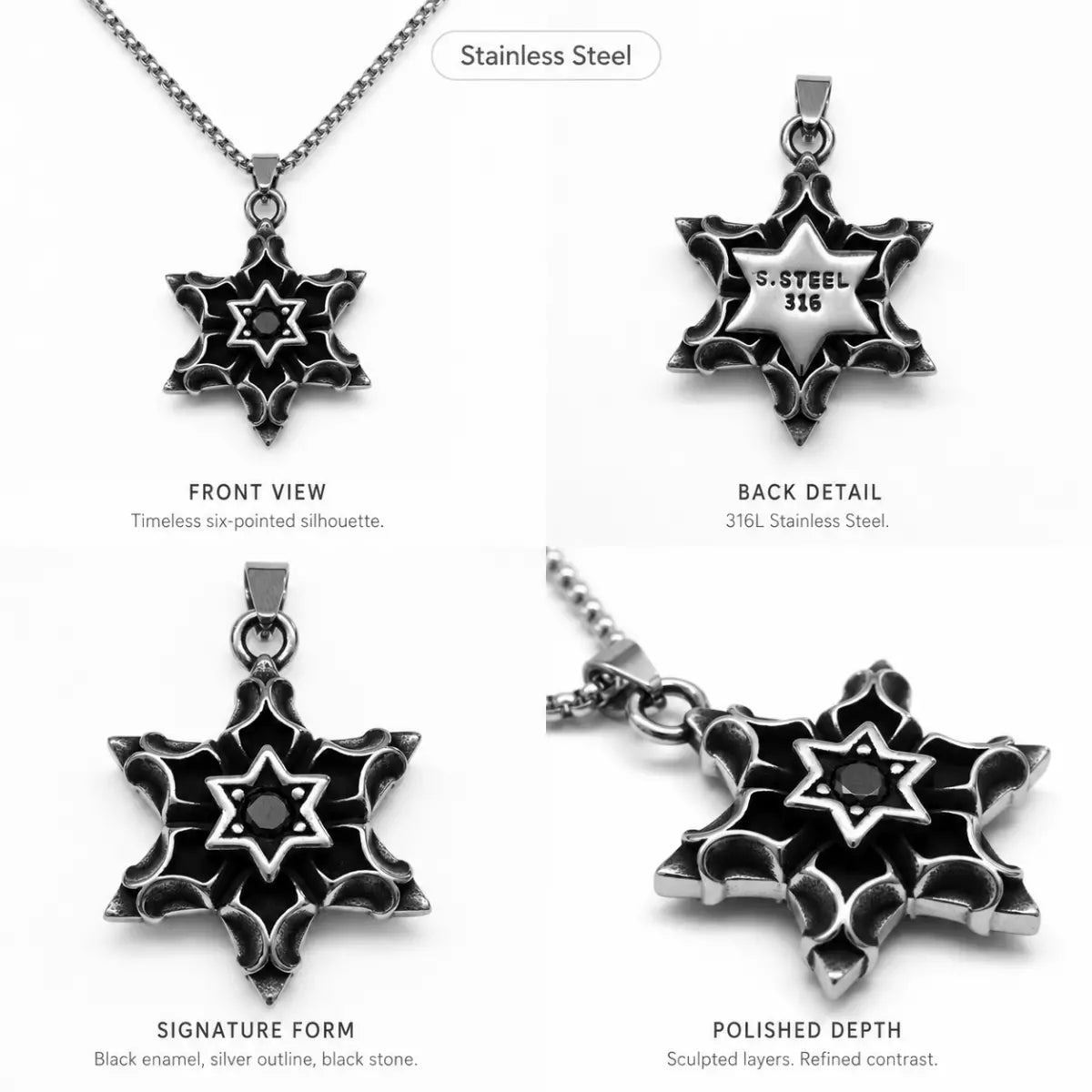 Six Pointed Star Gemstone Pendant Necklace Silver Multi Angle Product Feature Showcase