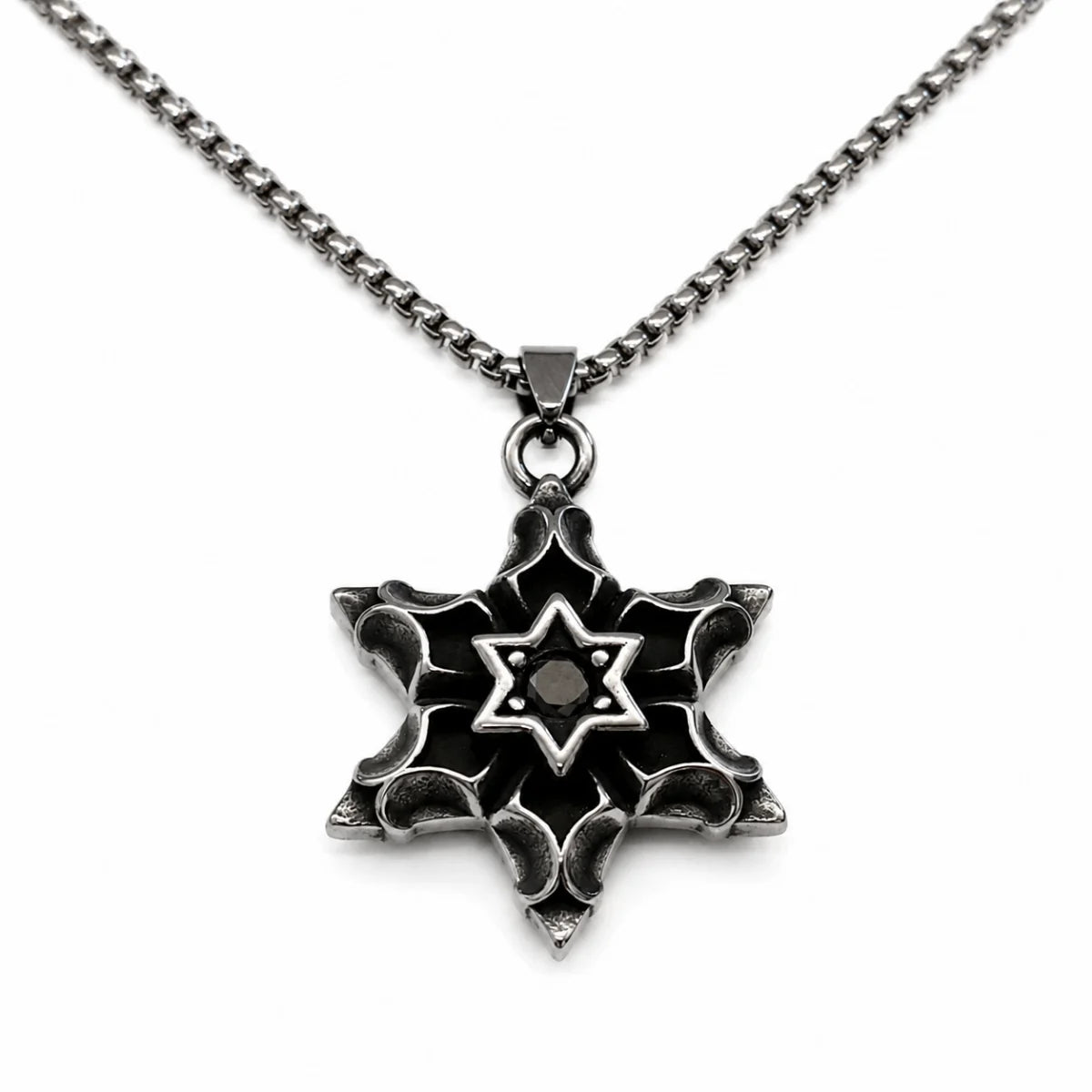 Six Pointed Star Gemstone Pendant Necklace Silver Pendant with Chain Front View White Background