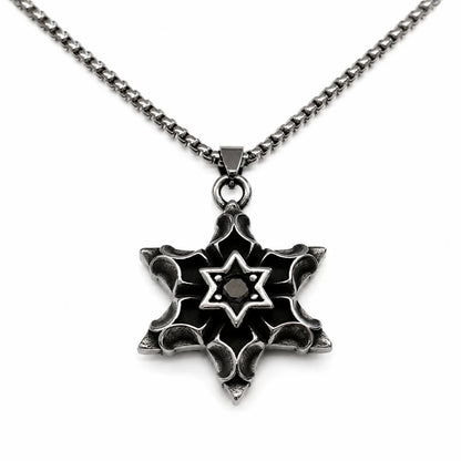 Six Pointed Star Gemstone Pendant Necklace Silver Pendant with Chain Front View White Background