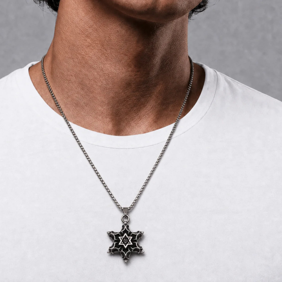 Six Pointed Star Gemstone Pendant Necklace Silver Worn by Male Model Chest View