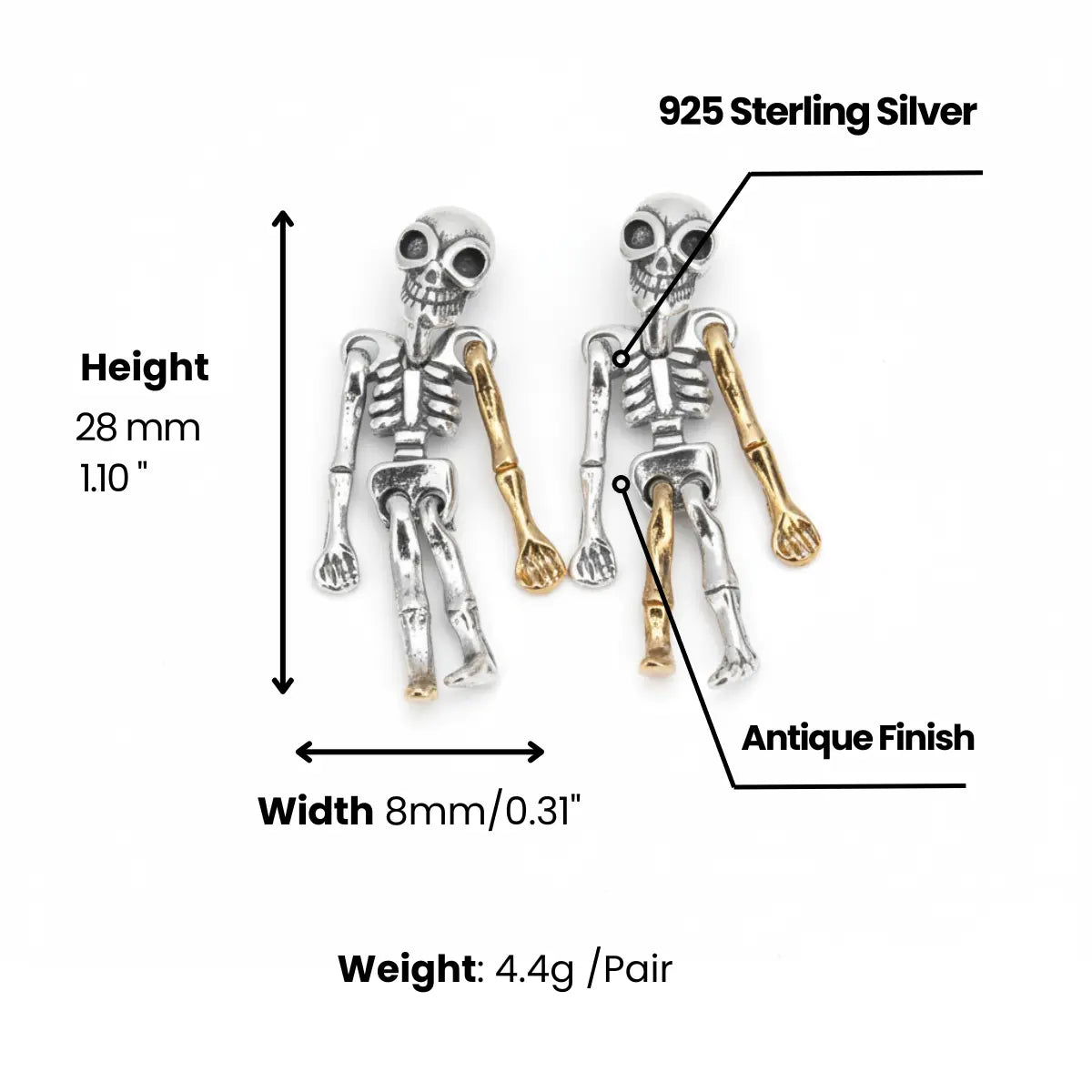 Skeleton dangle earrings sterling silver dimensions and weight
