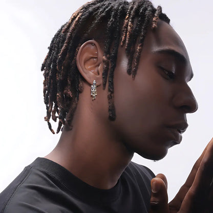 Skeleton dangle earrings sterling silver worn by male model