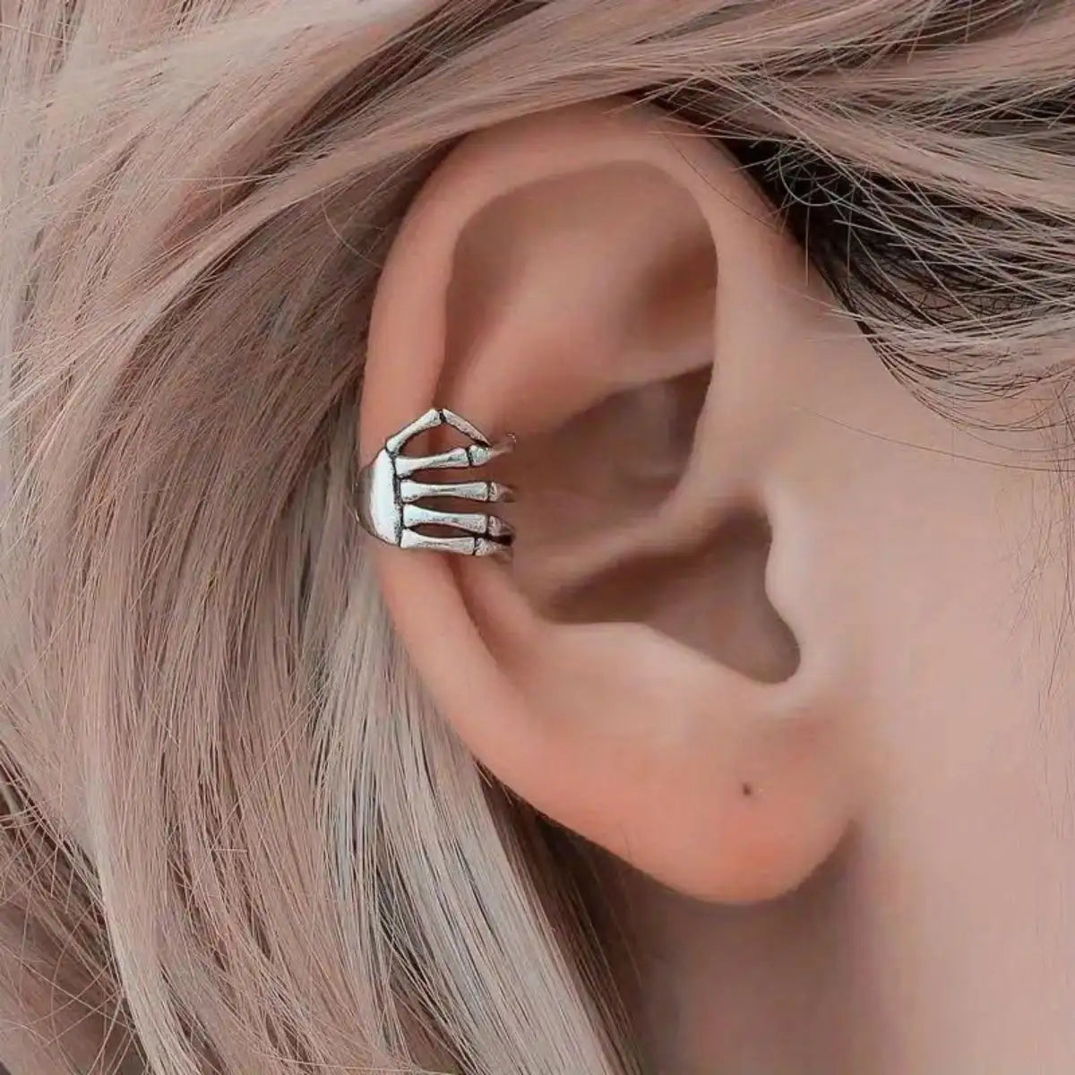 Skeleton Hand Ear Cuff Silver Worn by Female Model