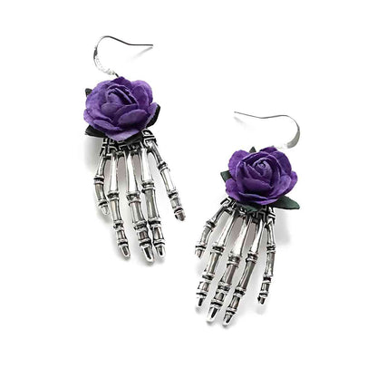 Skeleton Hand Earrings with Purple Rose