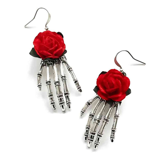 Skeleton Hand Earrings with Red Rose