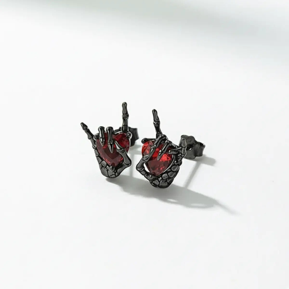 Skeleton Hand Heart Stud Earrings Front
