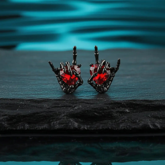 Skeleton Hand Heart Stud Earrings