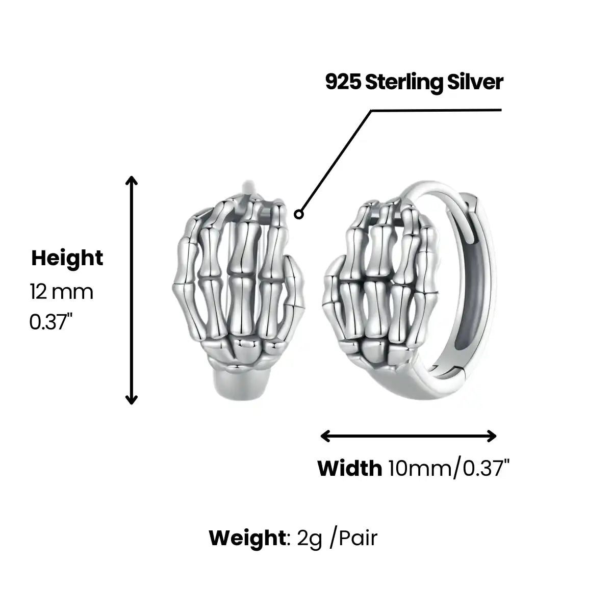 Skeleton Hand Hoop Earrings Sterling Silver Dimensions and Weight