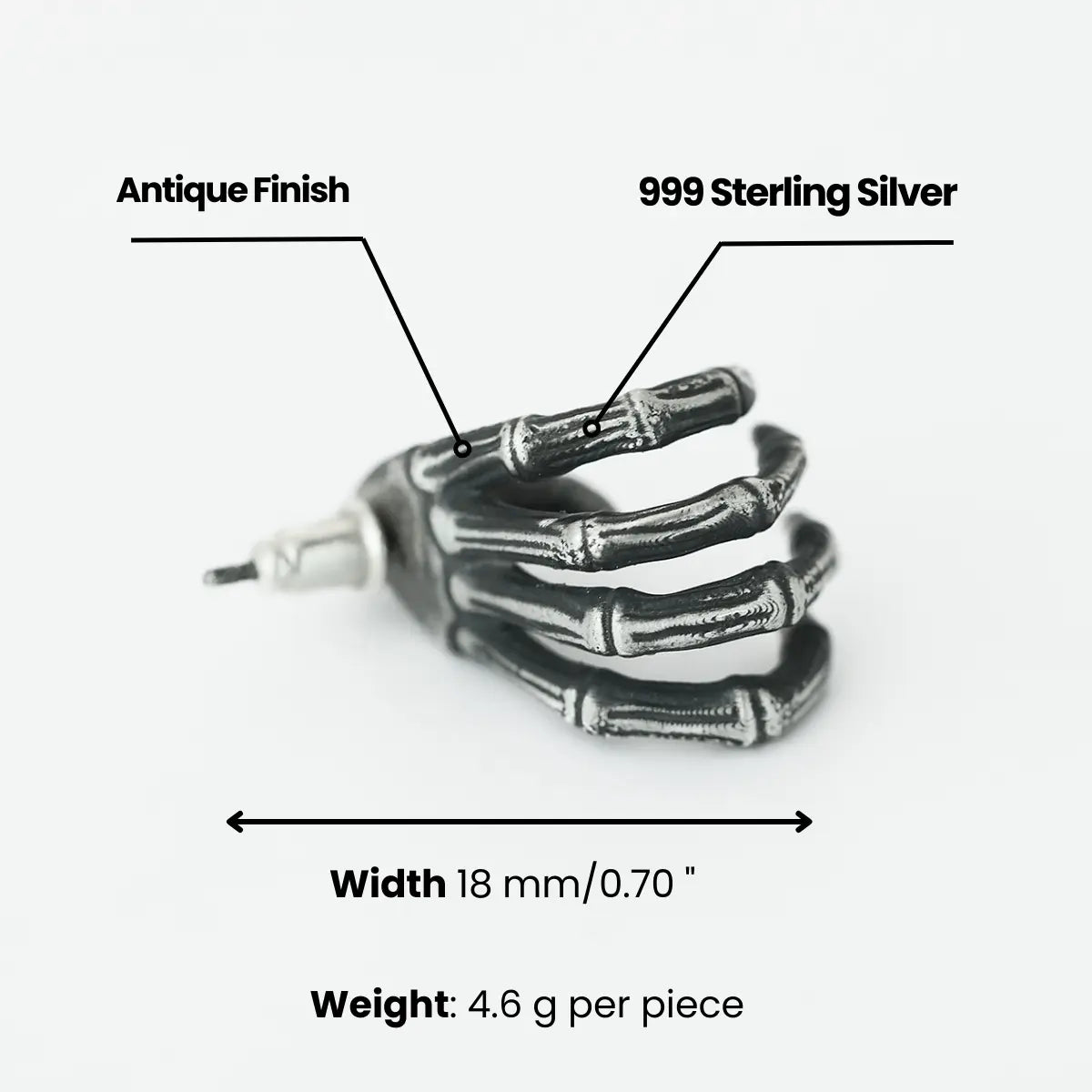 Skeleton Hand Stud Earrings 999 Silver Dimensions and Weight