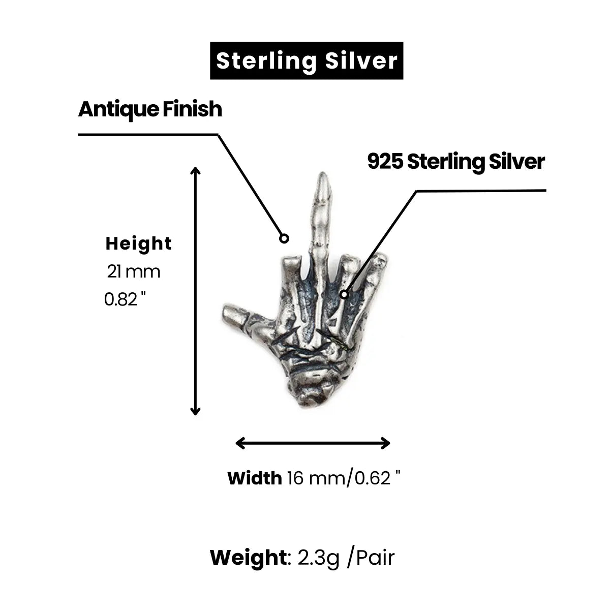 Skeleton Middle Finger Stud Earrings 925 Silver Dimensions and Weight