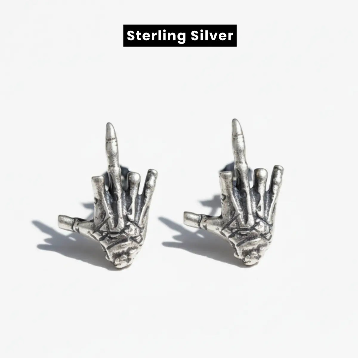 Skeleton Middle Finger Stud Earrings 925 Silver Front