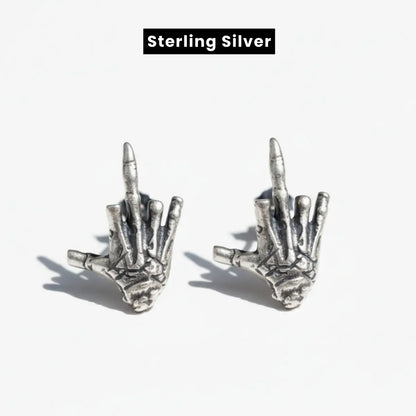 Skeleton Middle Finger Stud Earrings 925 Silver Front