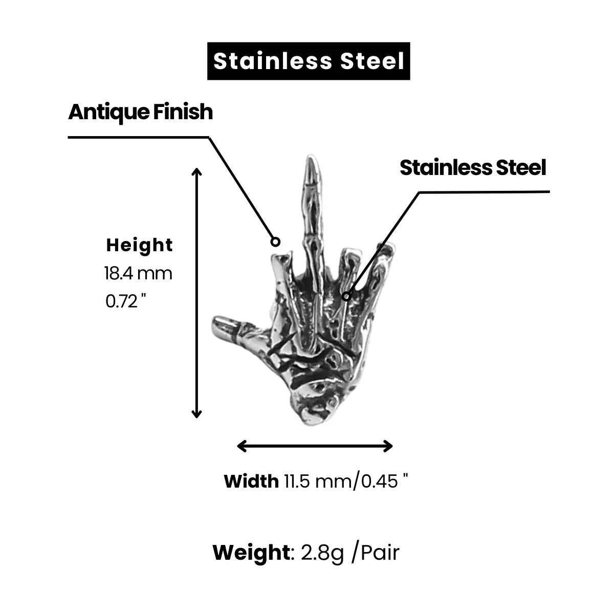 Skeleton Middle Finger Stud Earrings Stainless Steel Dimensions and Weight