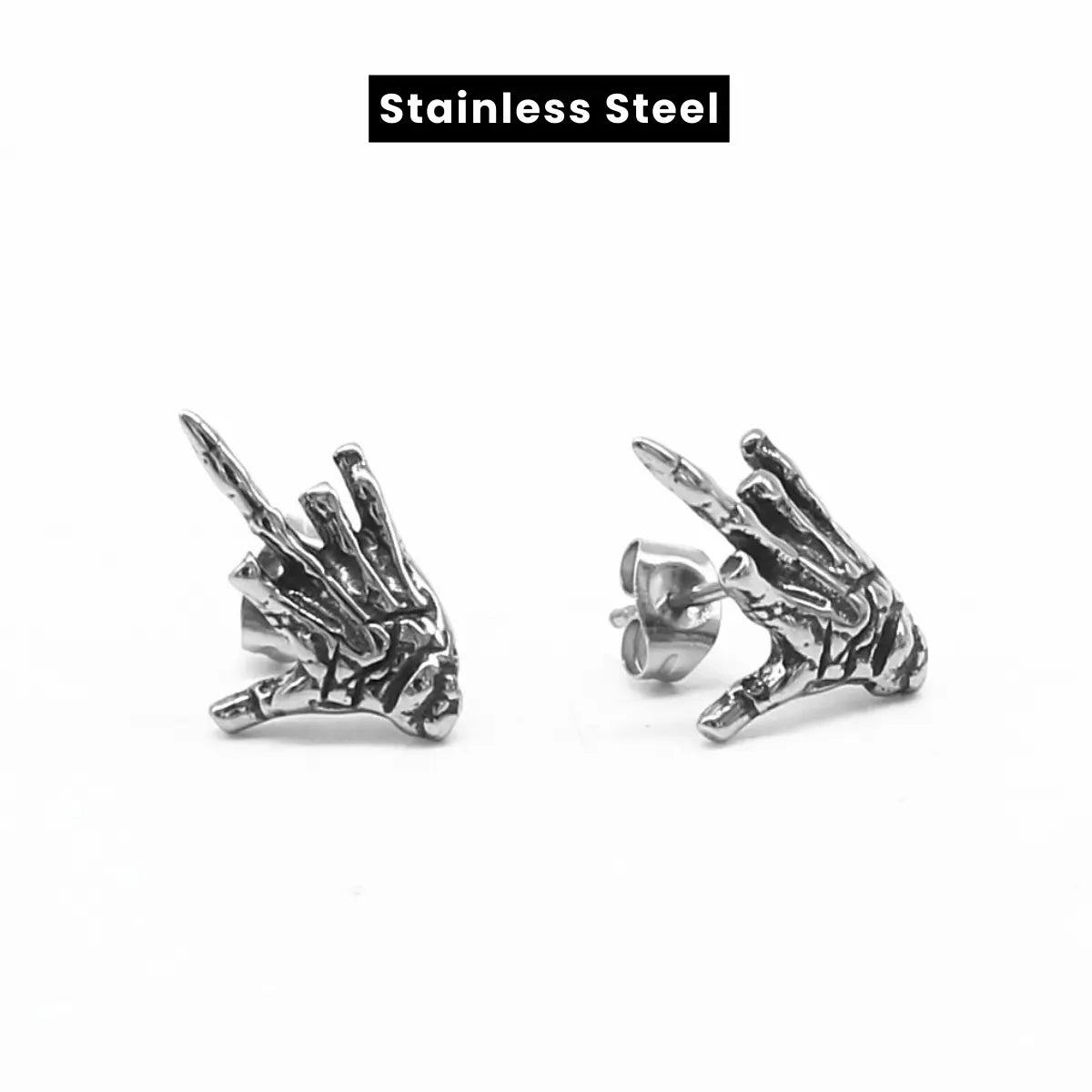 Skeleton Middle Finger Stud Earrings Stainless Steel Front