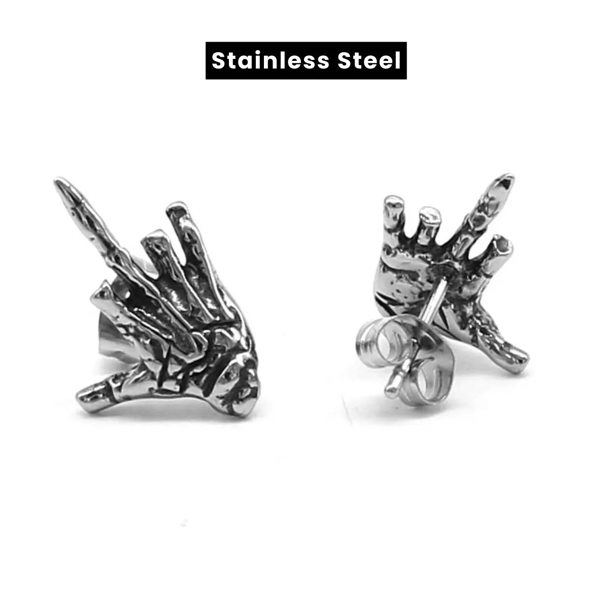 Skeleton Middle Finger Stud Earrings Stainless Steel Side