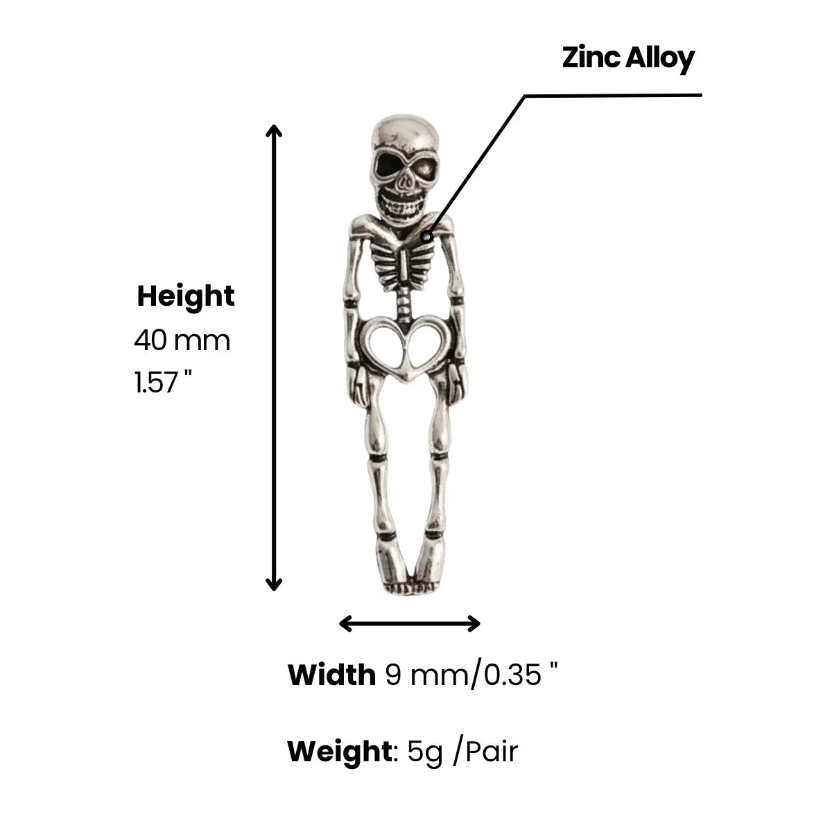 Skeleton Stud Dangle Earrings Dimensions and Weight