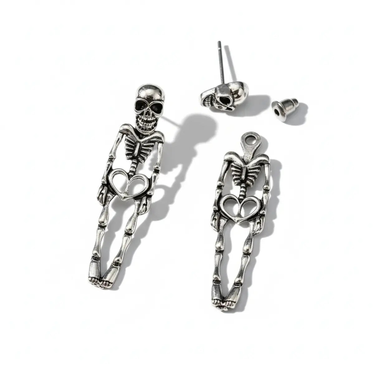 Skeleton Stud Dangle Earrings Silver Back