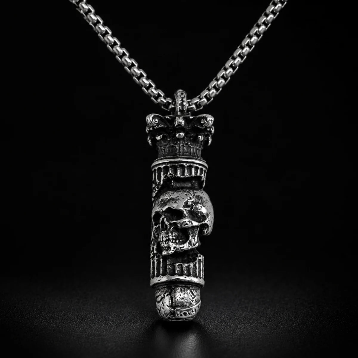 Skull Bullet Necklace Silver Close Up Black Background