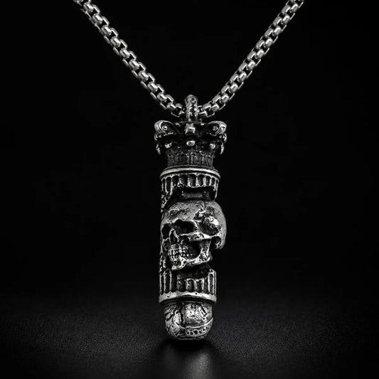 Skull Bullet Necklace Silver Close Up Black Background