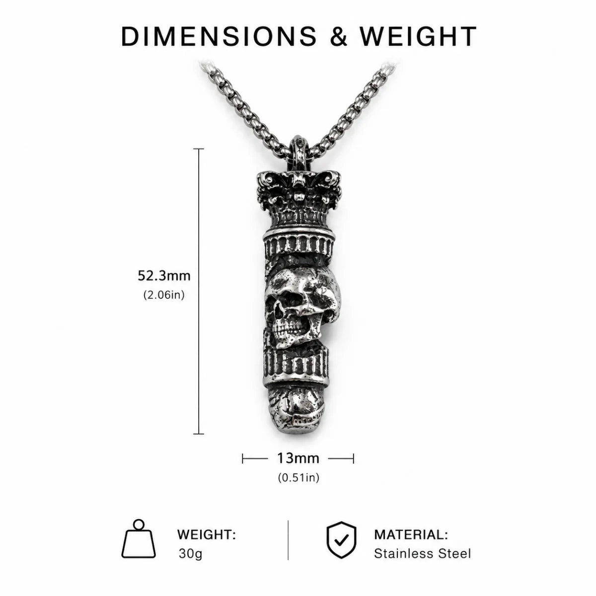 Skull Bullet Necklace Silver Dimension Diagram 42.5mm 1.67inch and 10.3mm 0.41inch