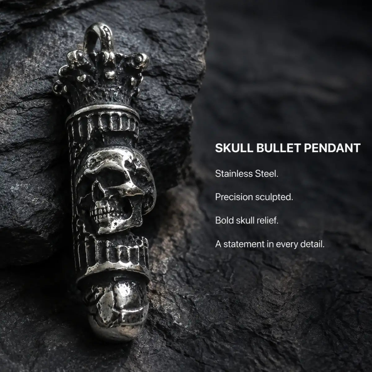 Skull Bullet Necklace Silver Displayed on Stone Surface
