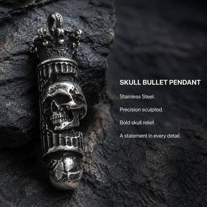 Skull Bullet Necklace Silver Displayed on Stone Surface