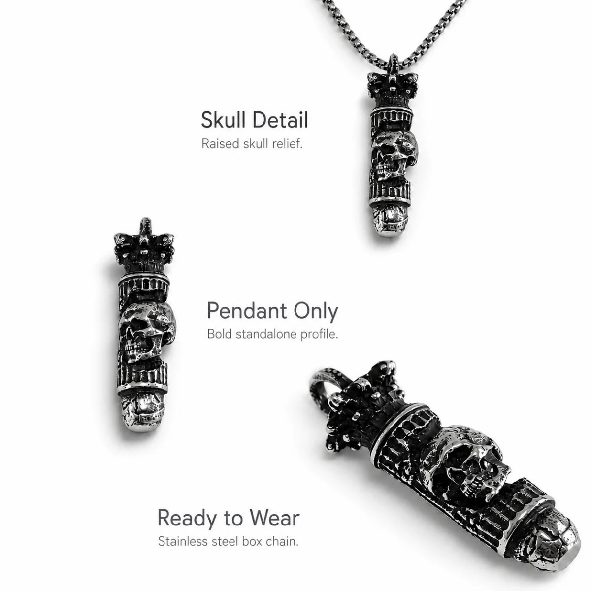 Skull Bullet Necklace Silver Multi Angle Product Feature Showcase